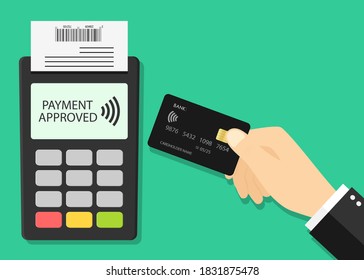 Card payment on pos. Credit card and terminal with contactless of pay. Hand with machine for cashless transaction and receipt. Icon for bank, nfc and wireless technology. Online processing. Vcetor.