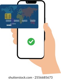 Card Payment in Phone, Card Payment with Mobile, Card Payment approved in Phone, purchase payment tick, Card pay smartphone, Green done check mark