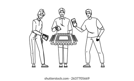 card payment processing vector. credit digital, terminal phone, cash electronic card payment processing character. people black line pencil drawing illustration