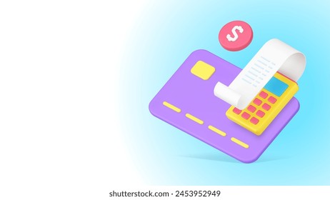 Card payment success cashless financial banking transaction complete 3d icon realistic vector illustration. Commercial accounting e money transfer shopping goods purchase POS terminal receipt bill