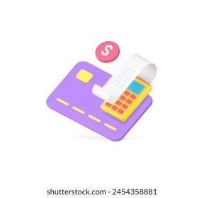 Card payment success cashless financial banking transaction complete 3d icon realistic vector illustration. Commercial accounting e money transfer shopping goods purchase POS terminal receipt bill