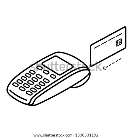 Card payment swipe machine. Wireless POS terminal with credit card. Point of sale. Vector outline icon isolated on white background.