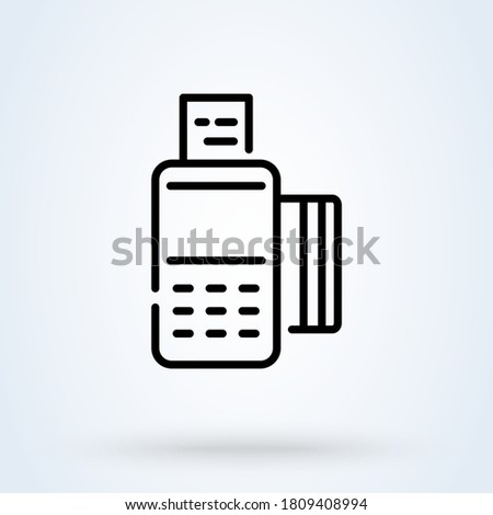 Card payment swipe machine. Wireless POS terminal with credit card. Point of sale. Vector outline icon isolated on white background. Simple modern icon design illustration.