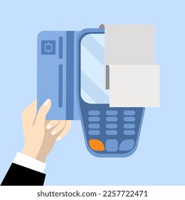 Card Payment, card swipe payment via Electronic Data Capture, businessman hand holding debit card and swipe card, digital payment technology, flat vector design illustration