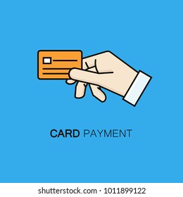 Card payment symbol - vector line style illustration with hand holding card. Perfect for banners, mobile apps, headers and print.