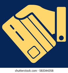 Card Payment vector icon. Illustration style is a flat iconic yellow symbol on blue background.