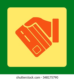 Card Payment vector icon. Style is flat rounded square button, orange and yellow colors, green background.