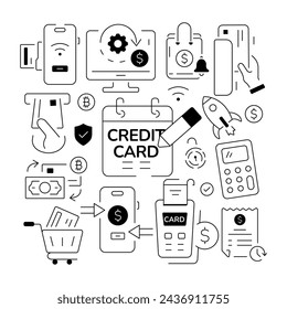 Vector de pago con tarjeta que muestra las soluciones de transacciones y opciones de criptomonedas 