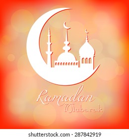 Card in peach color for congratulations with beginning of fasting month of Ramadan, as well with Islamic holiday Eid al-Fitr and Eid al-Adha. Vector illustration