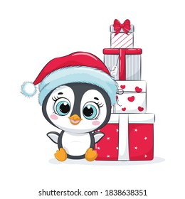 Tarjeta con un pingüino con cajas de regalo. Feliz diseño navideño.