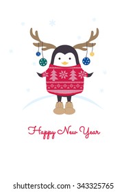 card with a penguin in sweater with deer antlers and decorations on them