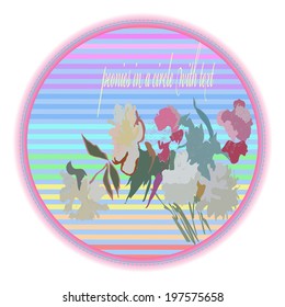 Card with peonies blooming in a circle with text on a striped background.Handmade.