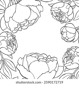 A card with peonies on a blank space in the center for text. A coloring card in a romantic mood.