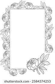 A card with a peony flower frame and one peony in the corner. A beautiful greeting with free space for your text, or an A4 romantic letter.