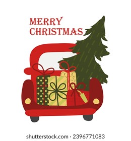 Card with people celebrate Christmas and Happy New Year. Car with holiday elements: tree, gift, decoration, garland. Vector cartoon flat style. 