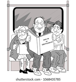 The card with people in public transport. Man is reading the book. Vector illustration.