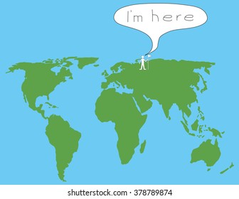 card with the person / man standing on the world map, holds check box is and shouting "I'm here"