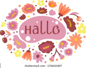Card with phrase “hallo” surrounded by flowers, leaves, berries and points. Vector illustration. Lettering, text, stickers, print, ornament. Autumn, fall. Isolated on white background. 