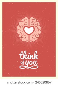 Card with a picture of the brain and heart in a retro style. Vector Illustration.