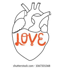 A card with a picture of the heart and a handwritten inscription love, in black and white. Unique typographic element for postcard. Vector illustration.
