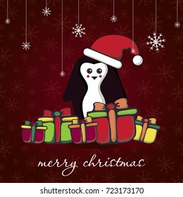 card with a picture of a penguin and gifts. background with snowflakes. Merry Christmas. can be used to design websites, postcards, etc.
