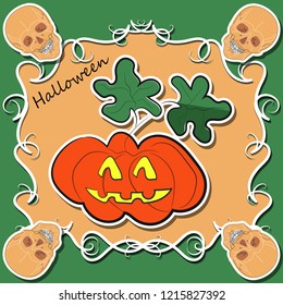 Card with a picture of a pumpkin in a vintage frame surrounded by four skulls and with the inscription Halloween. Vector illustration