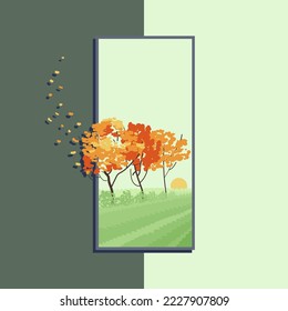 Card picture with a view of the street landscape field with autumn trees with the sun on green grass. Vector illustration isolated on a green background.