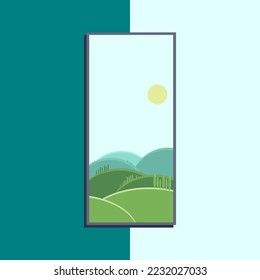 Card picture with a view of the street landscape of mountains and hills in the summer under the sun. Vector illustration isolated on a blue background.