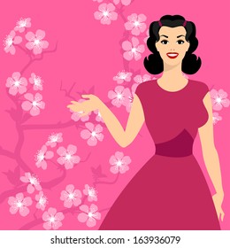 Card with pin up girl and stylized cherry blossom.