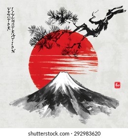 Card with pine branch, mountain Fuji and sun in traditional japanese sumi-e style on vintage watercolor background. Vector illustration. Hieroglyph " harmony".