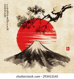 Card with pine branch, mountain Fuji and sun in traditional japanese sumi-e style on vintage watercolor background. Vector illustration. Hieroglyph " harmony".