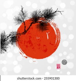 Card with pine tree branch and big red sun (symbol of Japan). Hand-drawn with ink in sumi-e style.. Vector illustration. Traditional Japanese painting.