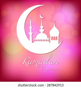 Card in pink color for congratulations with beginning of fasting month of Ramadan, as well with Islamic holiday Eid al-Fitr and Eid al-Adha. Vector illustration