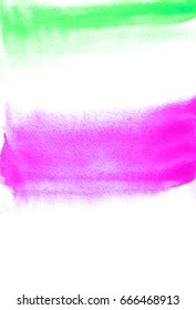 Card with pink and green blots. Watercolor painting for design. Abstract bright textured backdrop. Postcard, banner, logo, invitation. Hand paint isolated on white background. Vector illustration. 