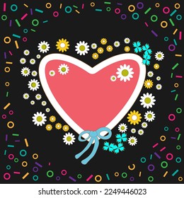Card with a pink heart surrounded by colorful stylized flowers and confetti on a black background. Greeting for Valentine's Day or Birthday. Empty template for your text. Vector illustration