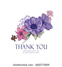 Card with pink and lilac flowers and thank you lettering on white background