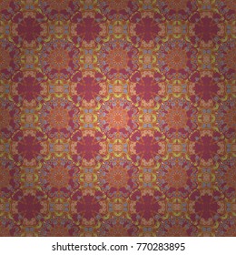 Card with pink, orange and beige circular ornament. Vector round seamless pattern with abstract Mandalas. Pattern for the greeting card or invitation, template frame design for card.