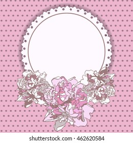 
Card with pink peonies on the background in a polka dot.Can be used as greeting card, invitation card for wedding, birthday and other holiday.
