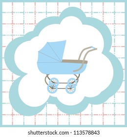 Card with a pink pram, stroller on a pink-blue background