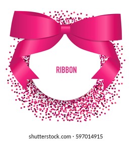 Tarjeta con cinta rosa y arco. Ilustración vectorial.