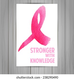 Card with Pink ribbon, symbol of  breast cancer in a watercolor style. Vector.