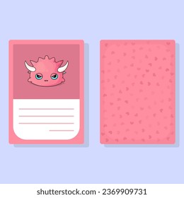 Card Pink Vampire Cartoon Cute Monster With Horns And Fangs with Front and Back and Blank Text Box	