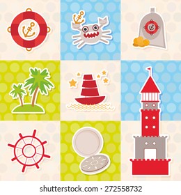 Card pirate design. Cute party invitation colorful background seamless pattern. lighthouse compass crab palm treasure ship anchor. Vector