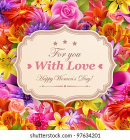 Card with place for text on flower background. Vector illustration.