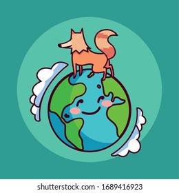 card of planet earth smiling and fox vector illustration design