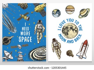 card planets in solar system and astronaut spaceman. moon and the sun, mercury and earth, mars and venus. astronomical galaxy space background. engraved hand drawn in old sketch, vintage style.