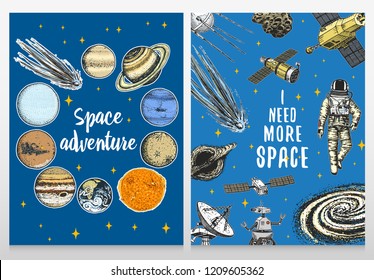 card planets in solar system and astronaut spaceman. moon and the sun, mercury and earth, mars and venus. astronomical galaxy space background. engraved hand drawn in old sketch, vintage style.