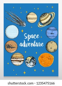 card planets in solar system and astronaut spaceman. moon and the sun, mercury and earth, mars and venus. astronomical galaxy space background. engraved hand drawn in old sketch, vintage style.