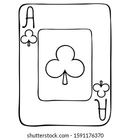 Card playing ace of clubs. Face. Divination. Magic tricks. Poker. Bridge. For coloring.
