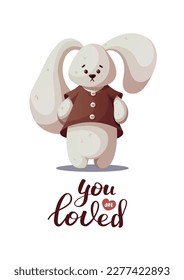 Card with plush bunny and handwritten text. Children's toys, kid's shop, playing, childhood concept. Vector Illustration for card, postcard, cover.